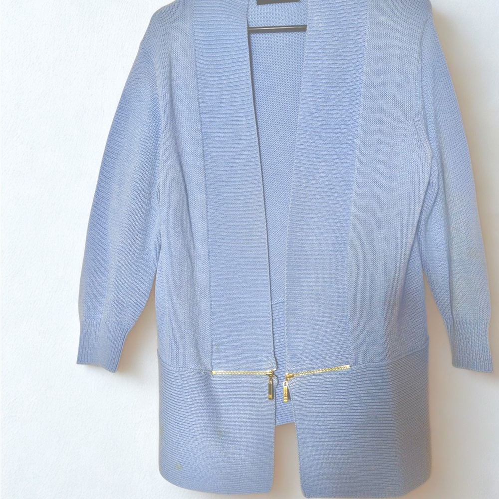 Ivanka Trump Light Blue Cardigan Sweater with gold zipper accents EUC